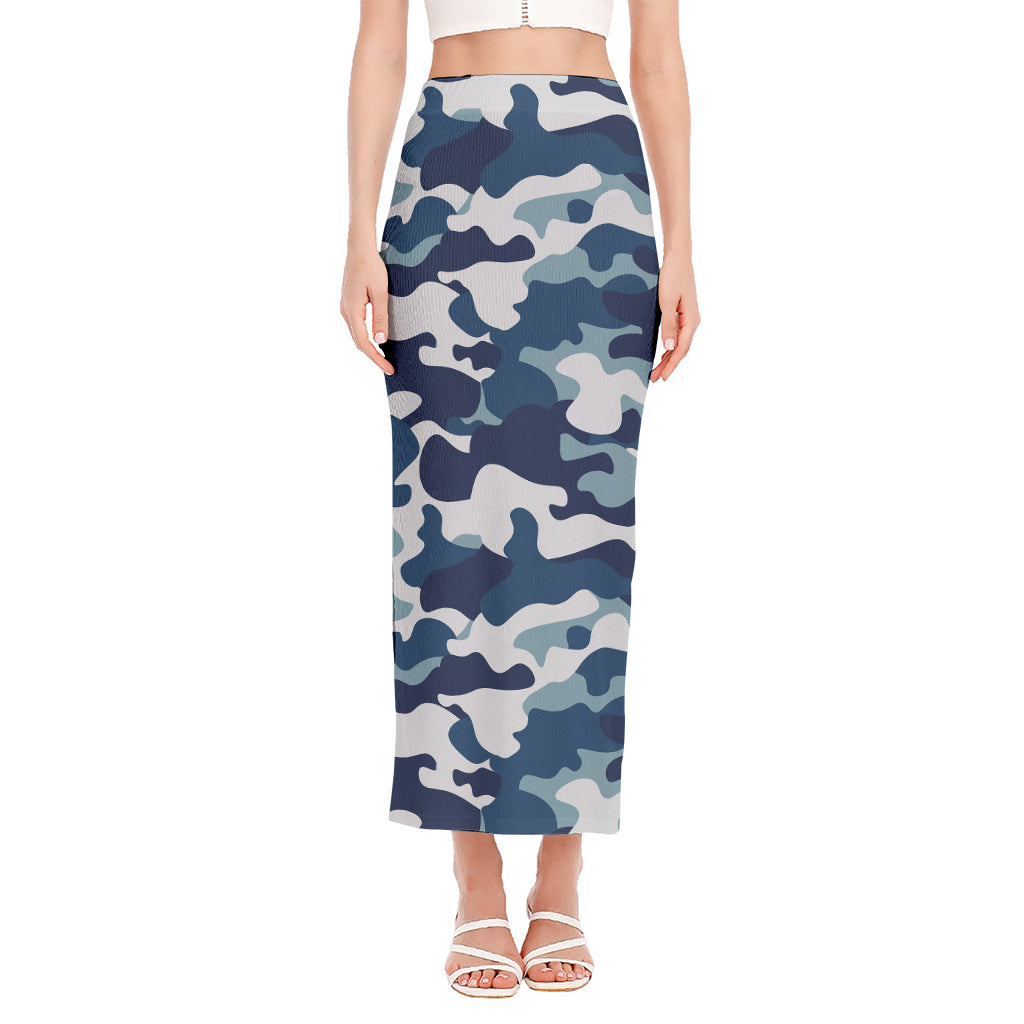 Blue And White Camouflage Print Side Slit Maxi Skirt