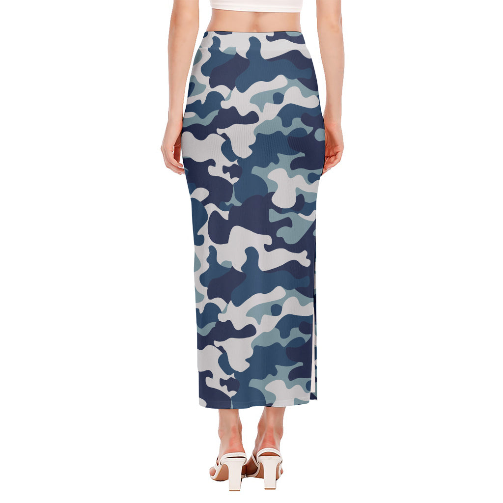 Blue And White Camouflage Print Side Slit Maxi Skirt