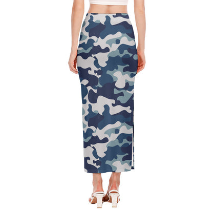 Blue And White Camouflage Print Side Slit Maxi Skirt