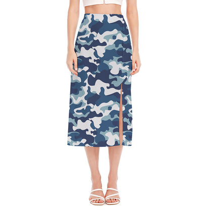 Blue And White Camouflage Print Side Slit Midi Skirt