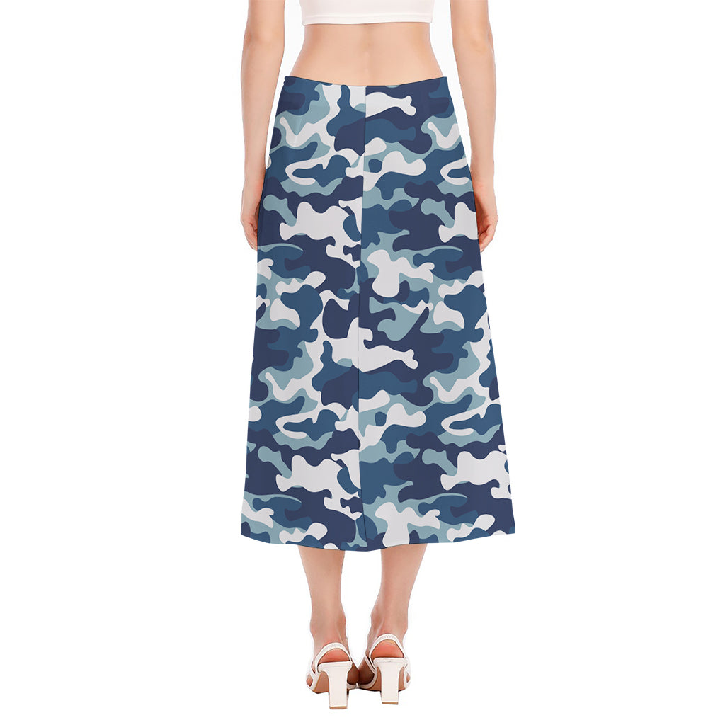 Blue And White Camouflage Print Side Slit Midi Skirt