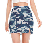 Blue And White Camouflage Print Side Slit Mini Skirt