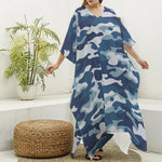 Blue And White Camouflage Print Silk V-Neck Kaftan Dress