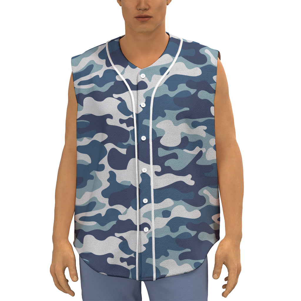 Blue And White Camouflage Print Sleeveless Baseball Jersey