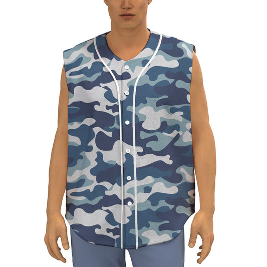 Blue And White Camouflage Print Sleeveless Baseball Jersey