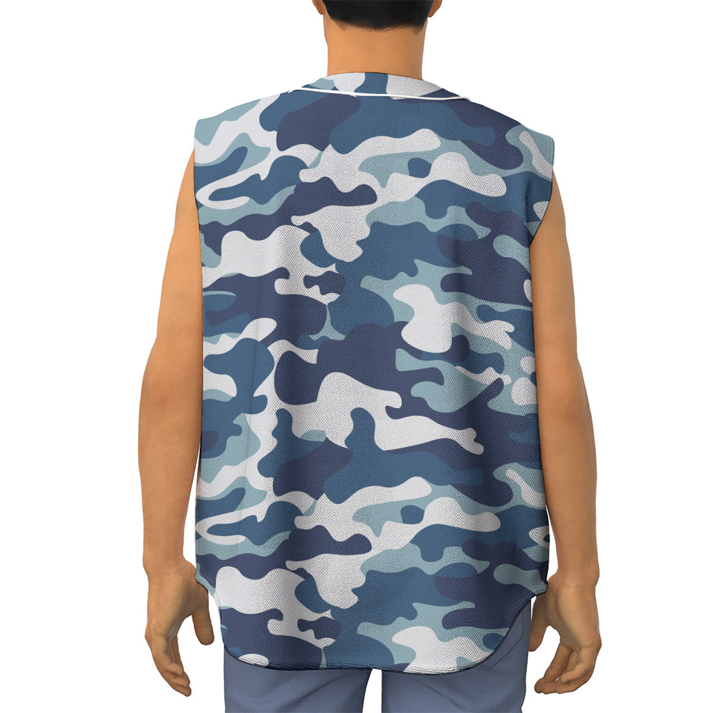 Blue And White Camouflage Print Sleeveless Baseball Jersey