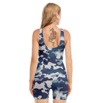 Blue And White Camouflage Print Sleeveless One Piece Swimsuit