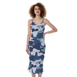 Blue And White Camouflage Print Slim Fit Midi Cami Dress
