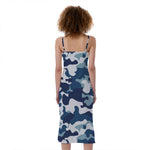Blue And White Camouflage Print Slim Fit Midi Cami Dress