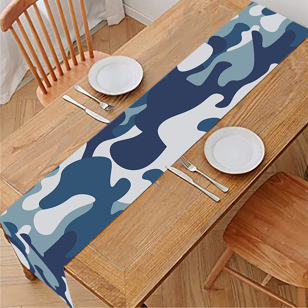 Blue And White Camouflage Print Table Runner