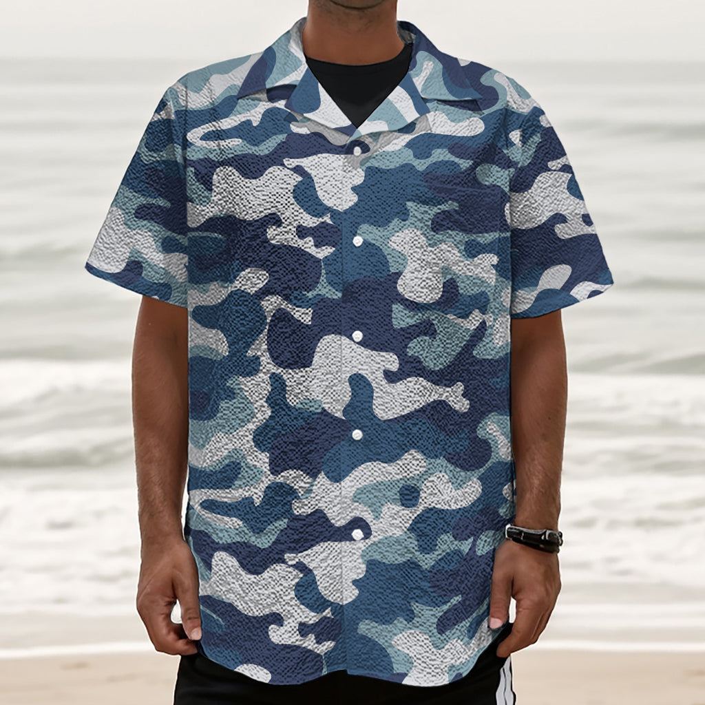 Blue And White Camouflage Print Textured Short Sleeve Shirt
