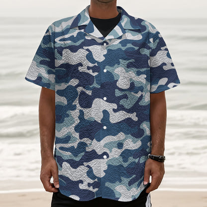 Blue And White Camouflage Print Textured Short Sleeve Shirt