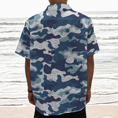 Blue And White Camouflage Print Textured Short Sleeve Shirt