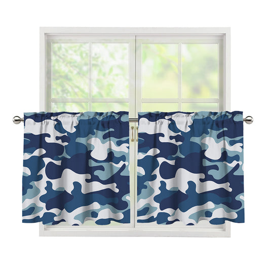 Blue And White Camouflage Print Tier Curtains