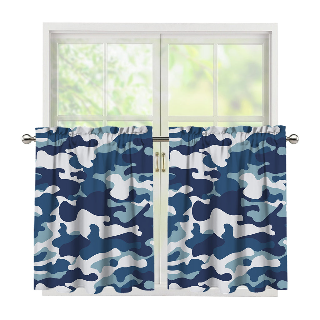 Blue And White Camouflage Print Tier Curtains