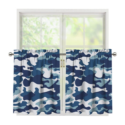 Blue And White Camouflage Print Tier Curtains