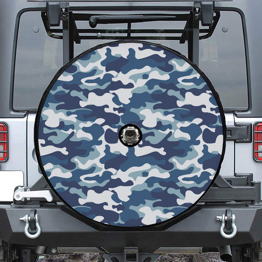 Blue And White Camouflage Print Tire Cover With Camera Hole