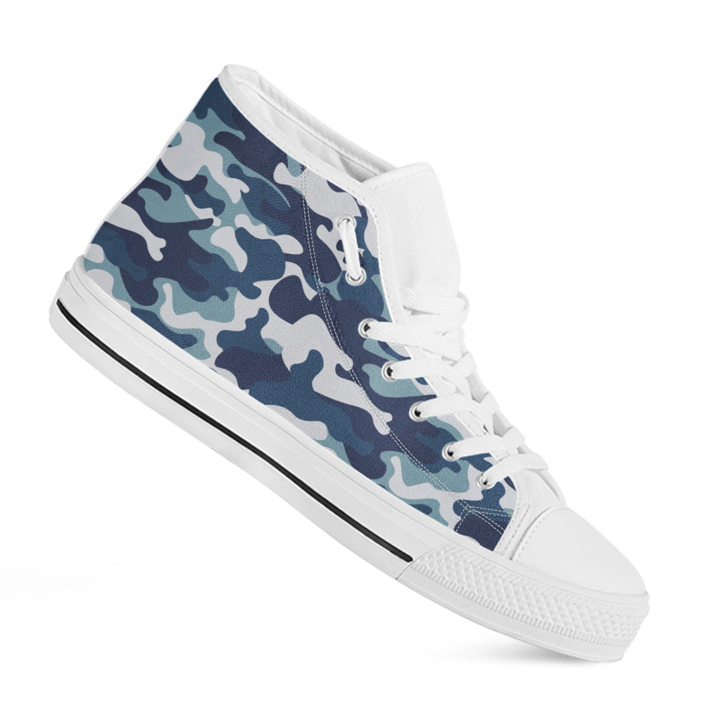 Blue And White Camouflage Print White High Top Sneakers