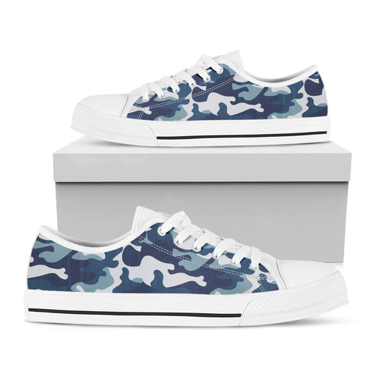 Blue And White Camouflage Print White Low Top Sneakers