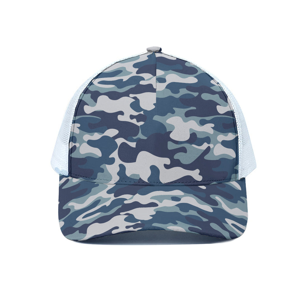 Blue And White Camouflage Print White Mesh Trucker Cap
