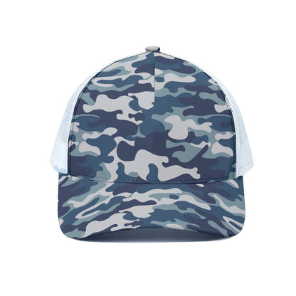Blue And White Camouflage Print White Mesh Trucker Cap