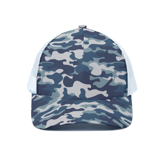 Blue And White Camouflage Print White Mesh Trucker Cap