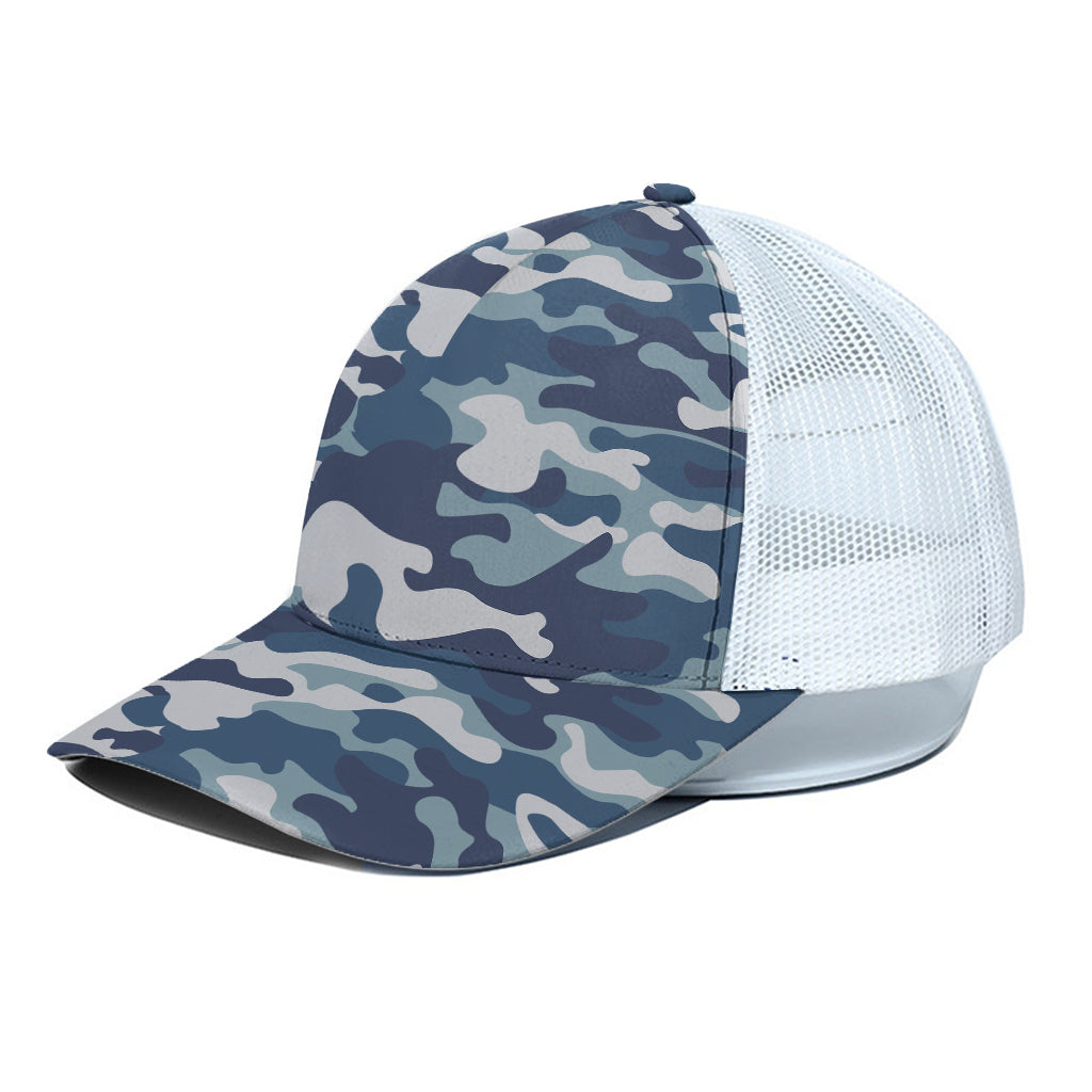 Blue And White Camouflage Print White Mesh Trucker Cap