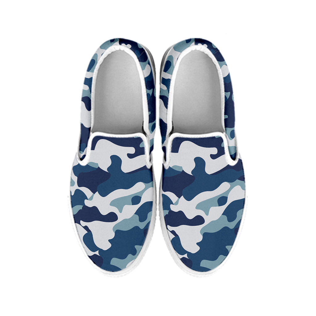 Blue And White Camouflage Print White Slip On Sneakers