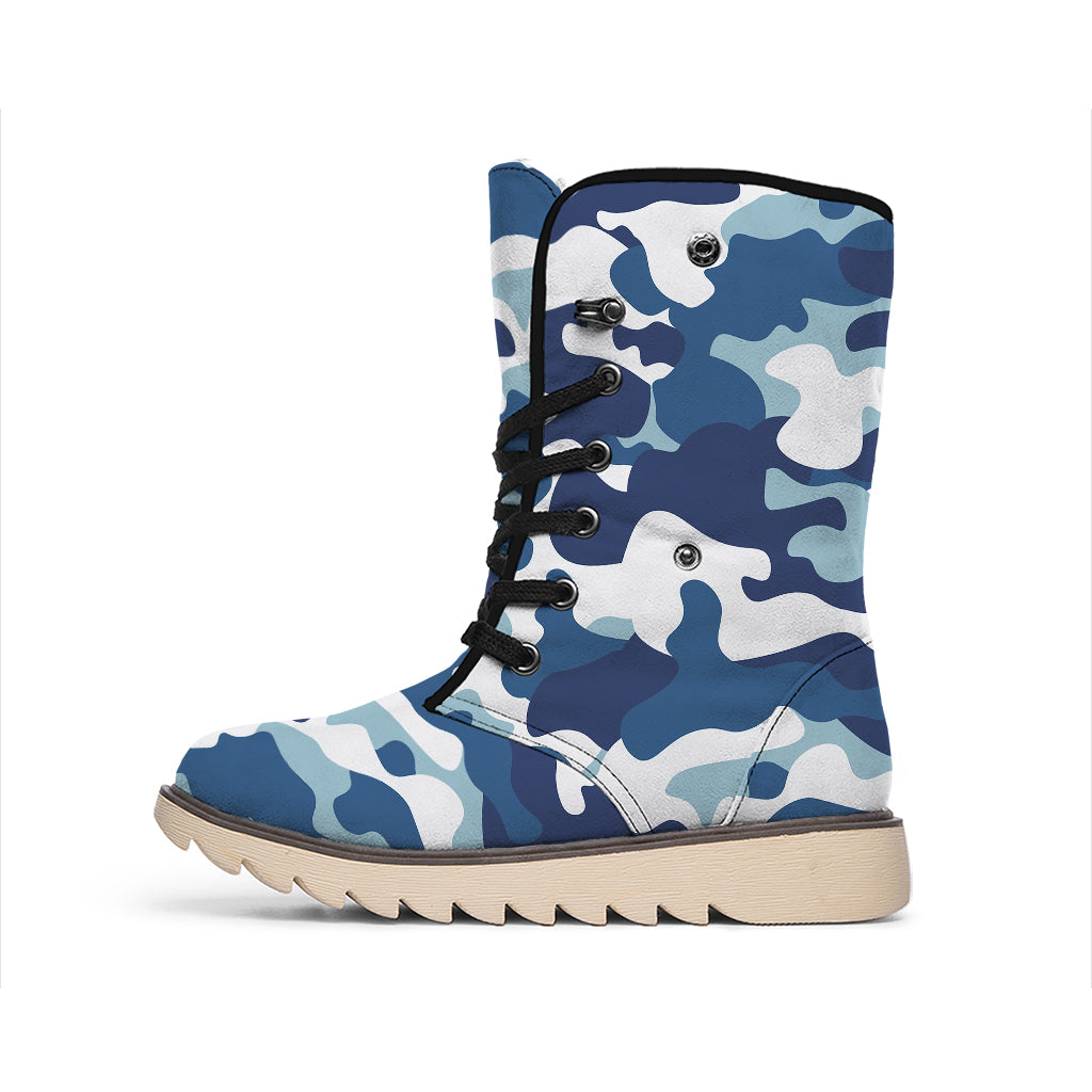 Blue And White Camouflage Print Winter Boots