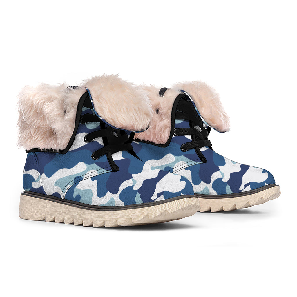 Blue And White Camouflage Print Winter Boots