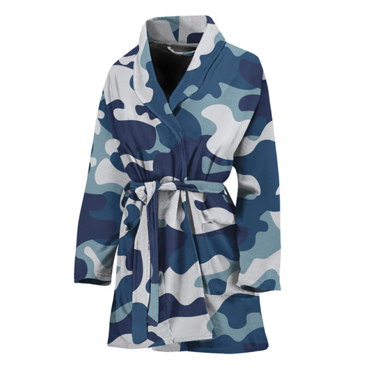 Blue And White Camouflage Print Women's Bathrobe