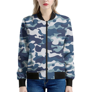 Blue And White Camouflage Print Women's Bomber Jacket