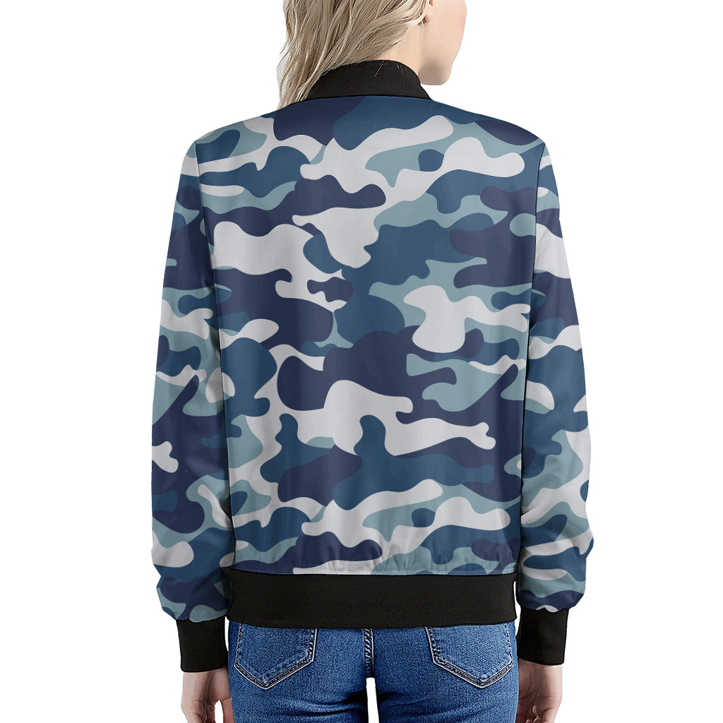 Blue And White Camouflage Print Women's Bomber Jacket
