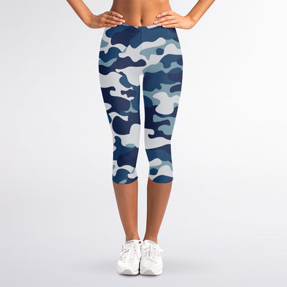 Blue And White Camouflage Print Women's Capri Leggings