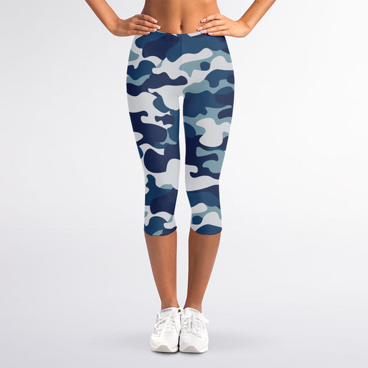 Blue And White Camouflage Print Women's Capri Leggings