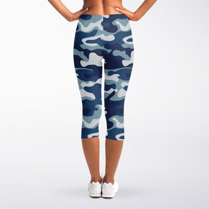 Blue And White Camouflage Print Women's Capri Leggings