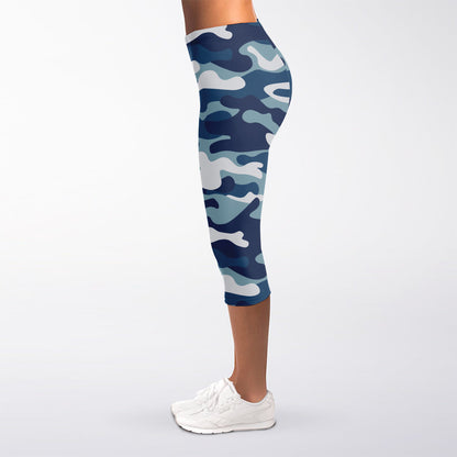 Blue And White Camouflage Print Women's Capri Leggings