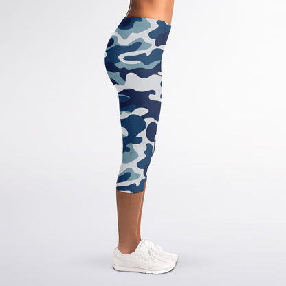 Blue And White Camouflage Print Women's Capri Leggings