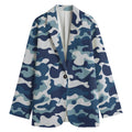 Blue And White Camouflage Print Women's Cotton Blazer