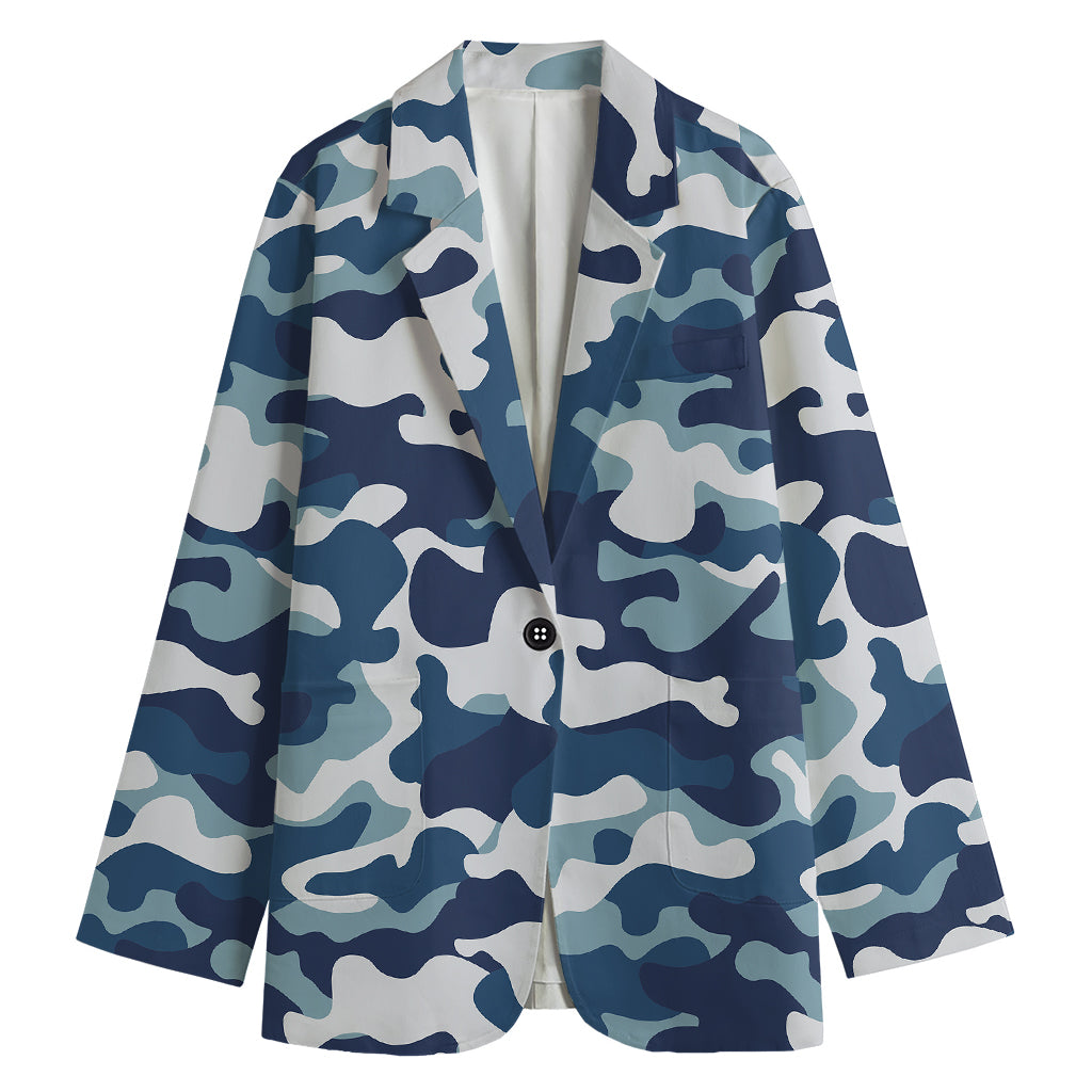 Blue And White Camouflage Print Women's Cotton Blazer