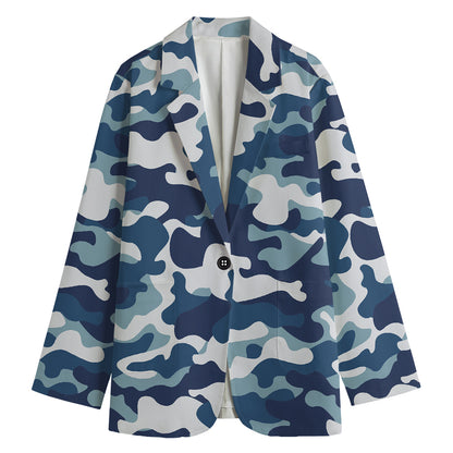 Blue And White Camouflage Print Women's Cotton Blazer
