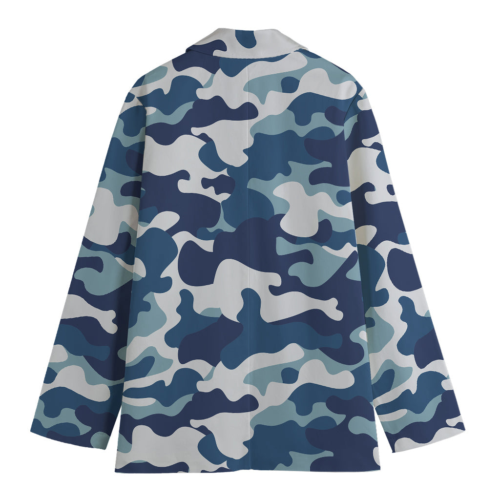 Blue And White Camouflage Print Women's Cotton Blazer