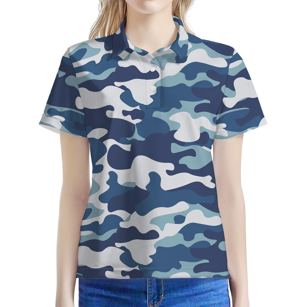 Blue And White Camouflage Print Women's Polo Shirt
