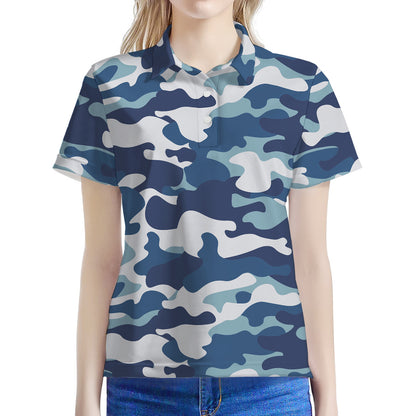 Blue And White Camouflage Print Women's Polo Shirt