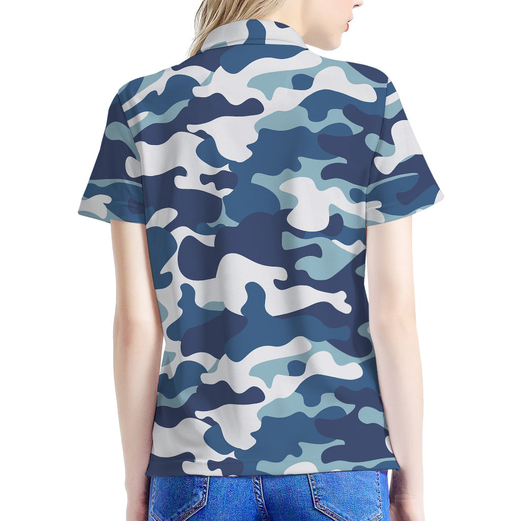 Blue And White Camouflage Print Women's Polo Shirt