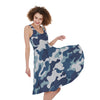 Blue And White Camouflage Print Women's Sleeveless Dress