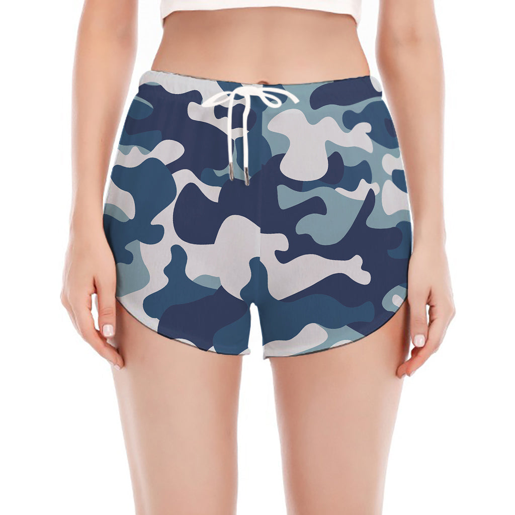 Blue And White Camouflage Print Women's Split Running Shorts