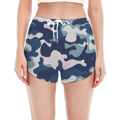 Blue And White Camouflage Print Women's Split Running Shorts