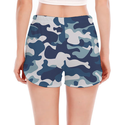 Blue And White Camouflage Print Women's Split Running Shorts