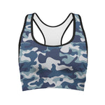 Blue And White Camouflage Print Women's Sports Bra